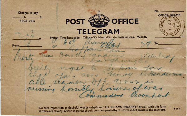 Missing in action Telegraph sent to Henry's parents three days after the sinking on 11th June 1940